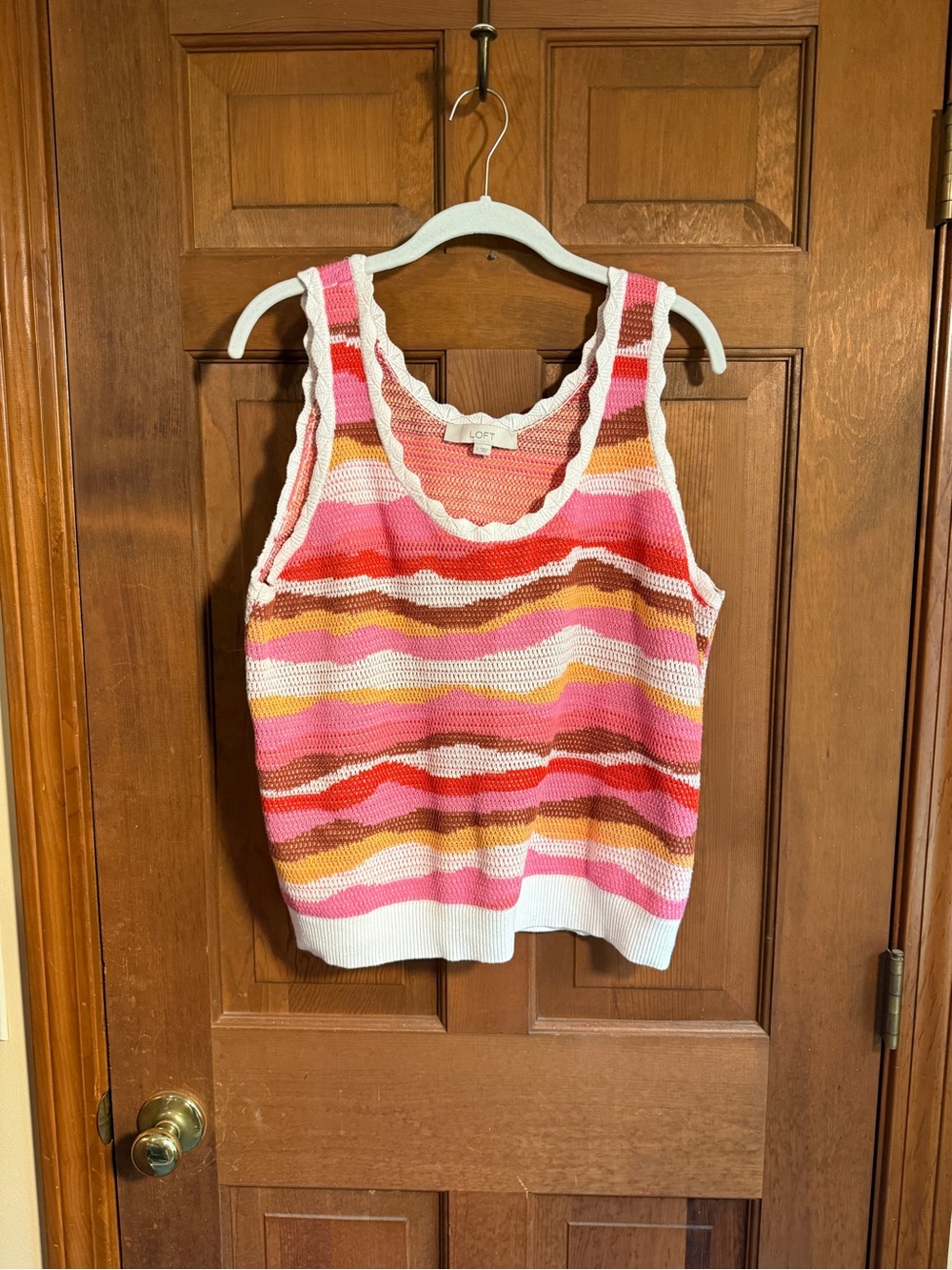 LOFT Striped Scallop Edge Knit Tank in Pink, Coral, White & Tan
